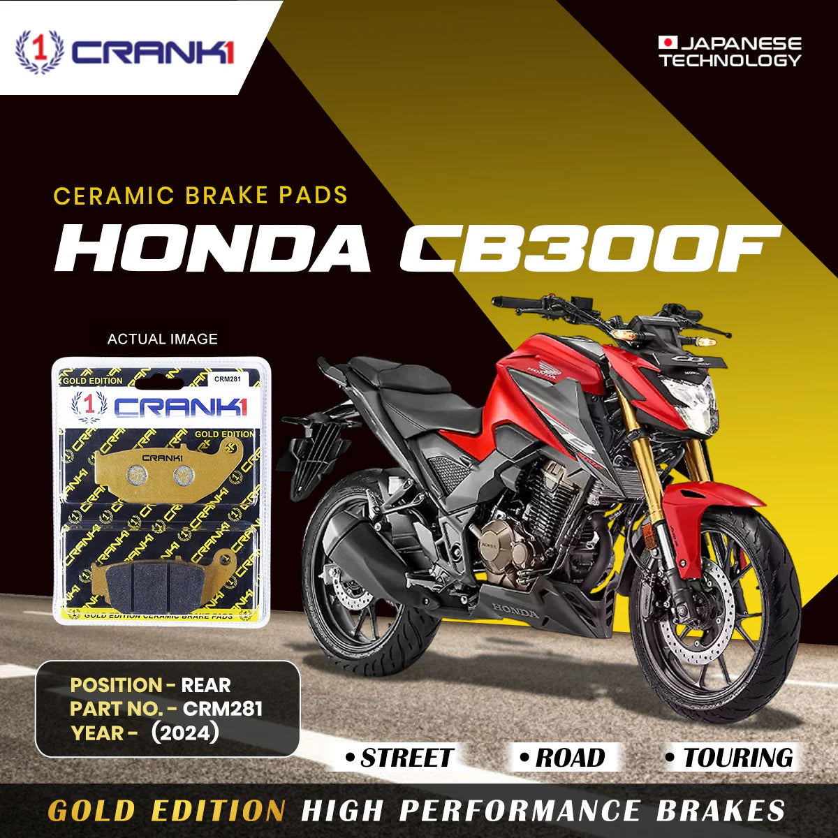 CRANK1 Ceramic Rear Brake Pads CRM281 for Honda CB300F 2024 HH Rated Motorcycle Disc Brake Pads