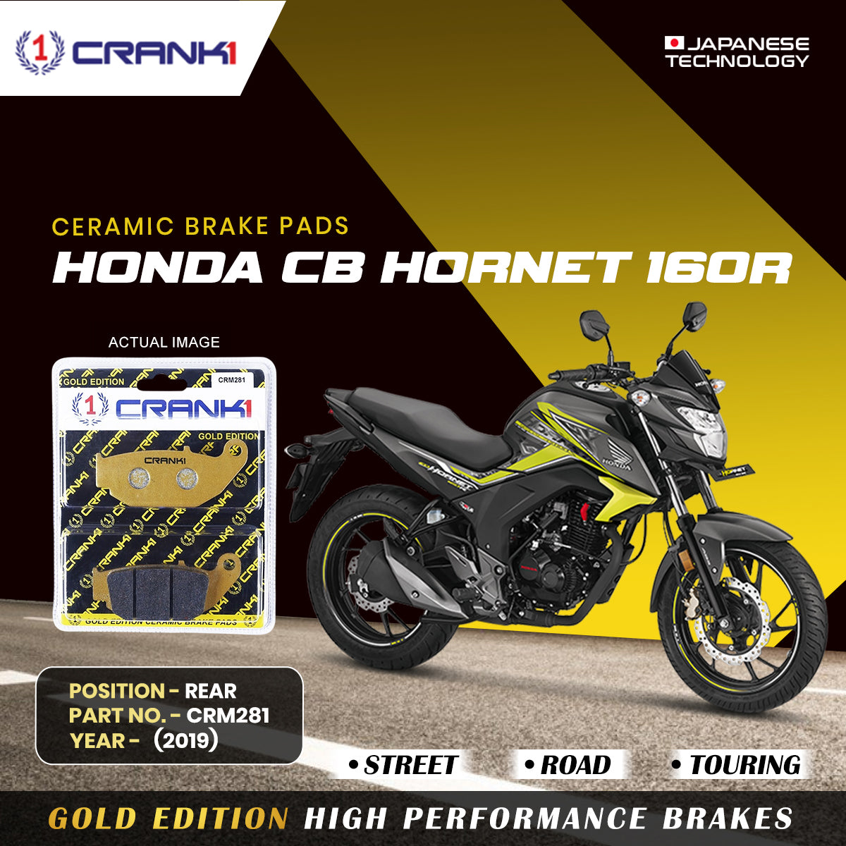 CRANK1 Ceramic Rear Brake Pads CRM281 for Honda CB Hornet 160R (2019) HH Rated Motorcycle Brake Pads