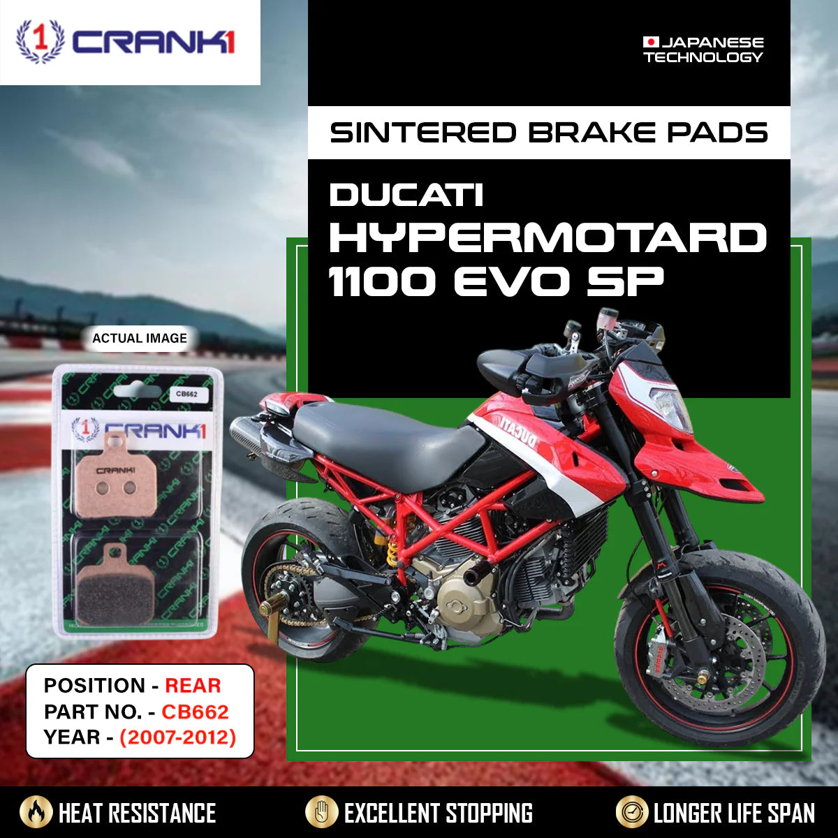CRANK1 CB662 Sintered Rear Brake Pads for Ducati Hypermotard 1100 EVO SP (2007-2012) premium motorcycle rear brake pads
