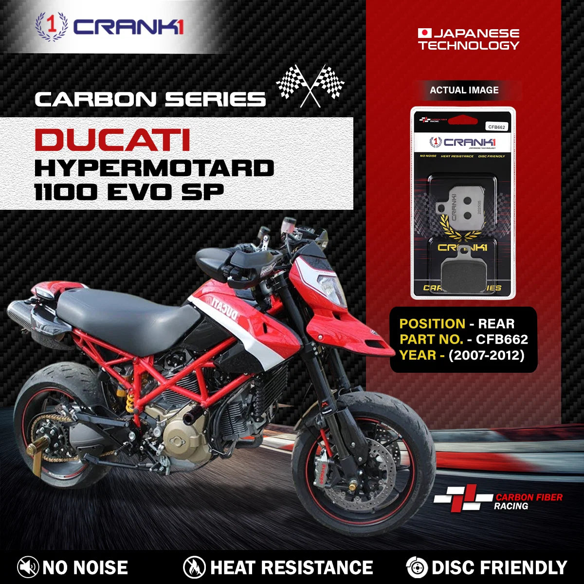 CRANK1 CFB662 carbon rear brake pads for Ducati Hypermotard 1100 EVO SP 2007-2012