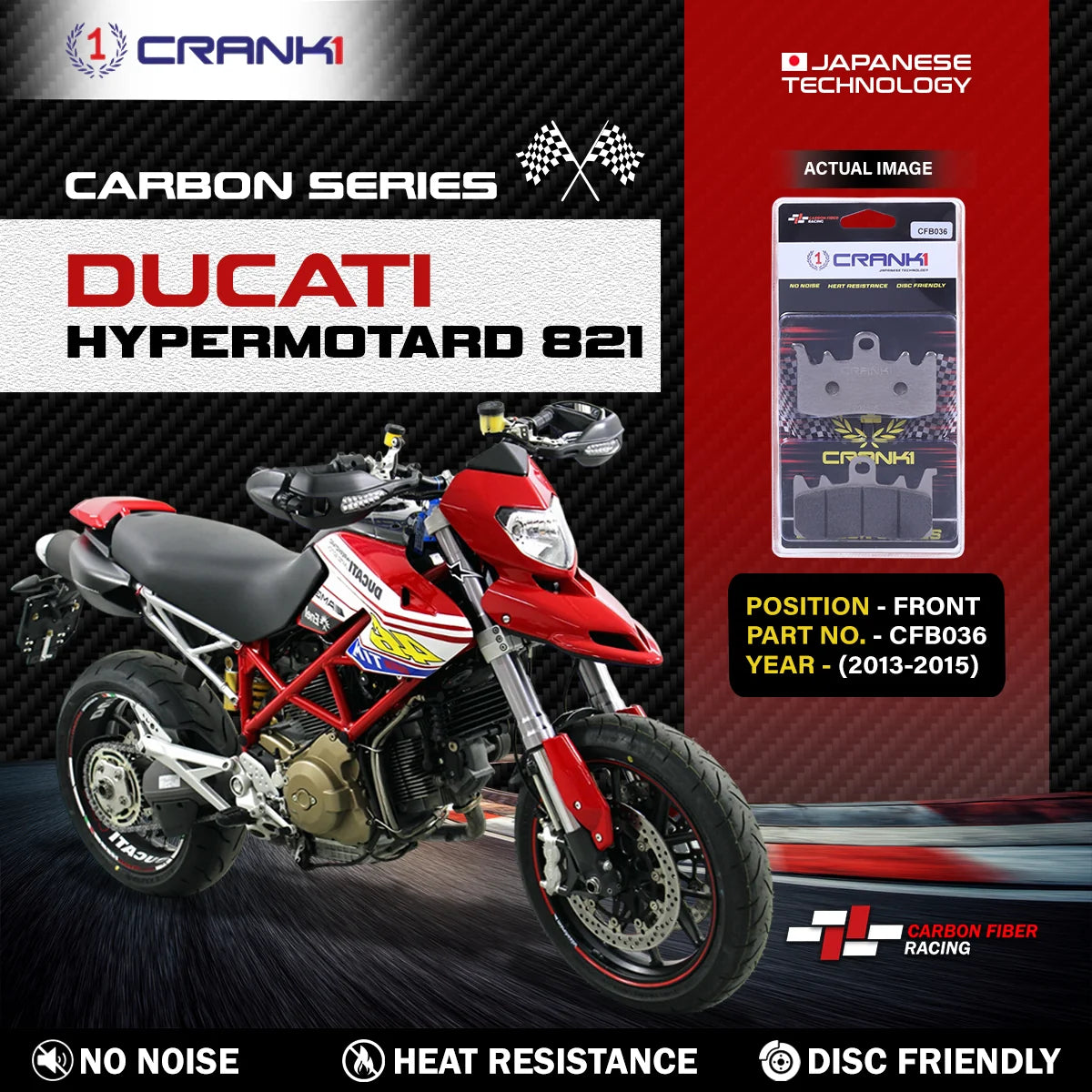 CRANK1 Carbon Front Brake Pads CFB036 for Ducati Hypermotard 821 2013-2015 High Performance Carbon Kevlar Motorcycle Brake Pads 2 Sets