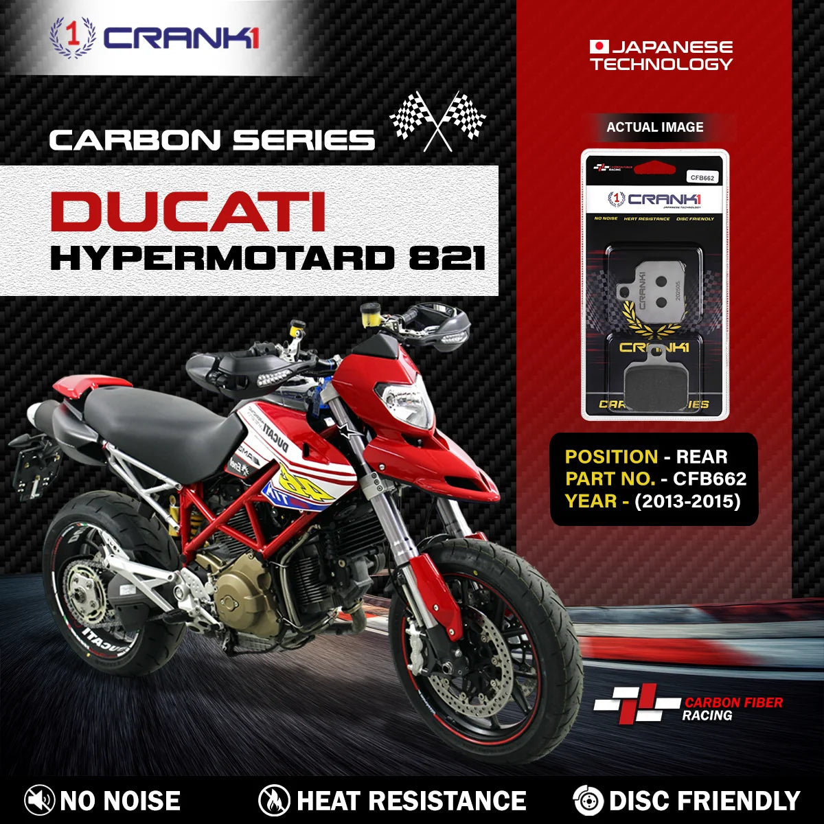 CRANK1 CFB662 carbon rear brake pads for Ducati Hypermotard 821 2013-2015