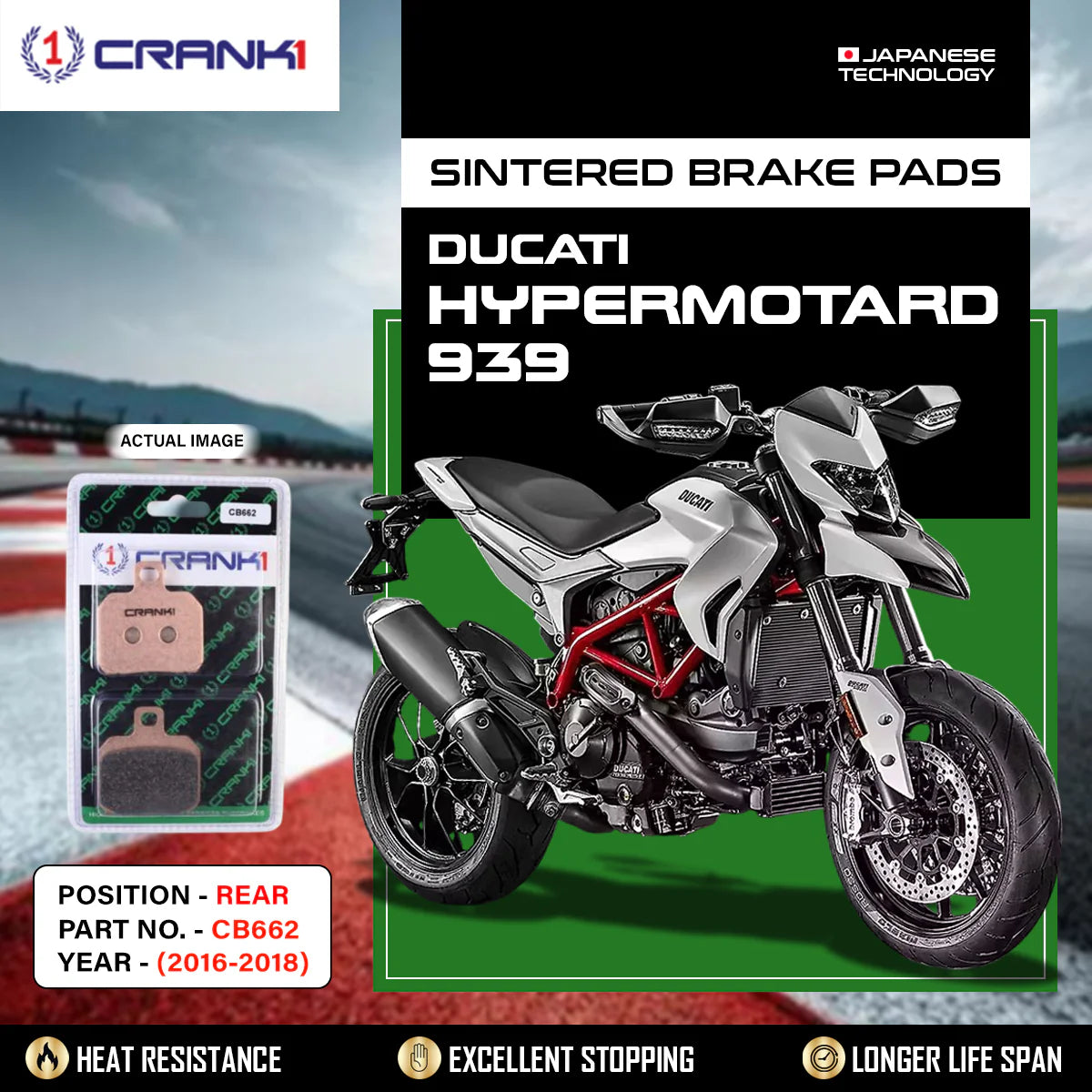 CRANK1 CB662 Sintered Rear Brake Pads for Ducati Hypermotard 939 (2016-2018) premium motorcycle brake pads