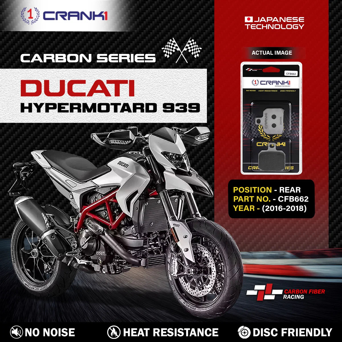 CRANK1 CFB662 carbon rear brake pads for Ducati Hypermotard 939 2016-2018