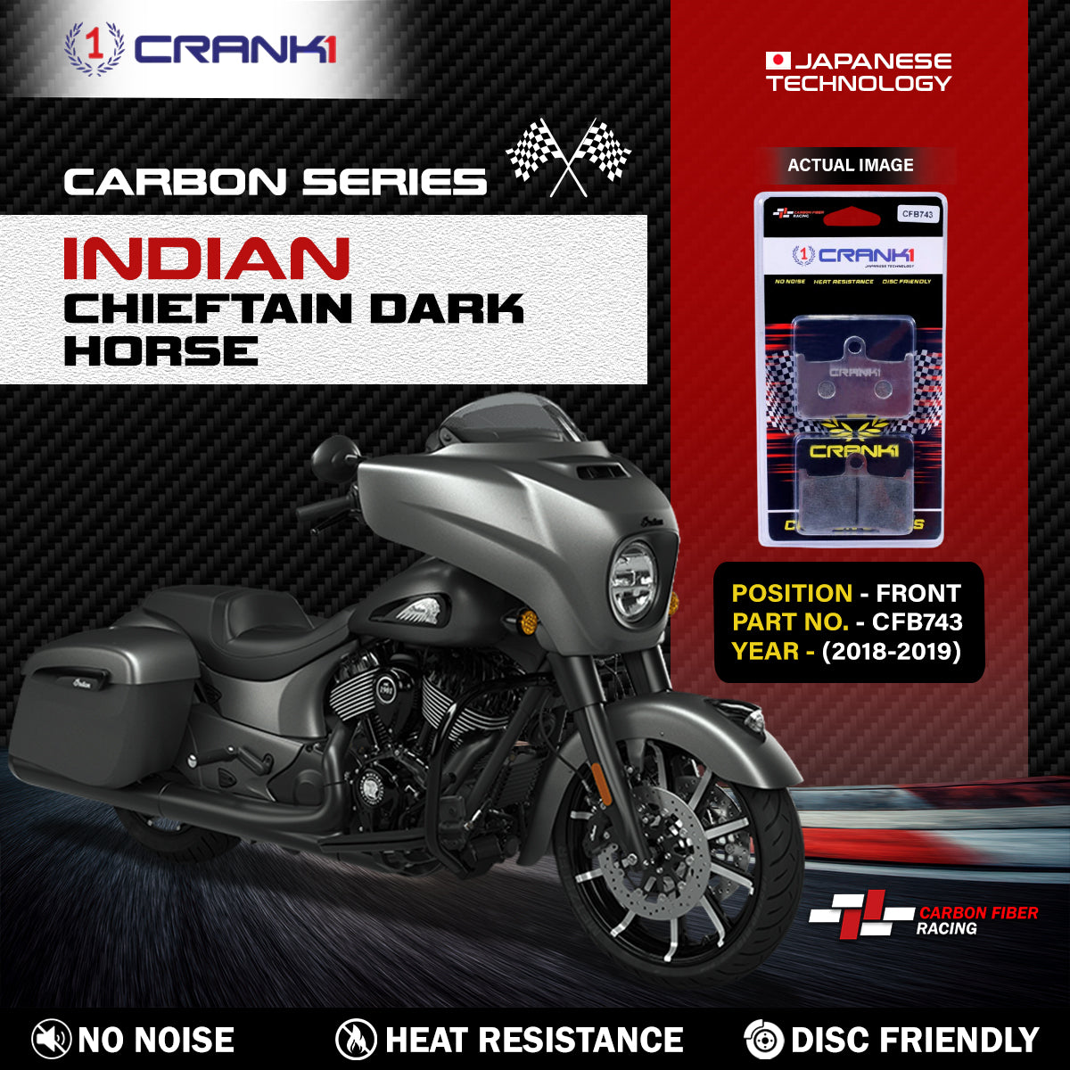 CRANK1 CFB743 Carbon Front Brake Pads for Indian Chieftain Dark Horse