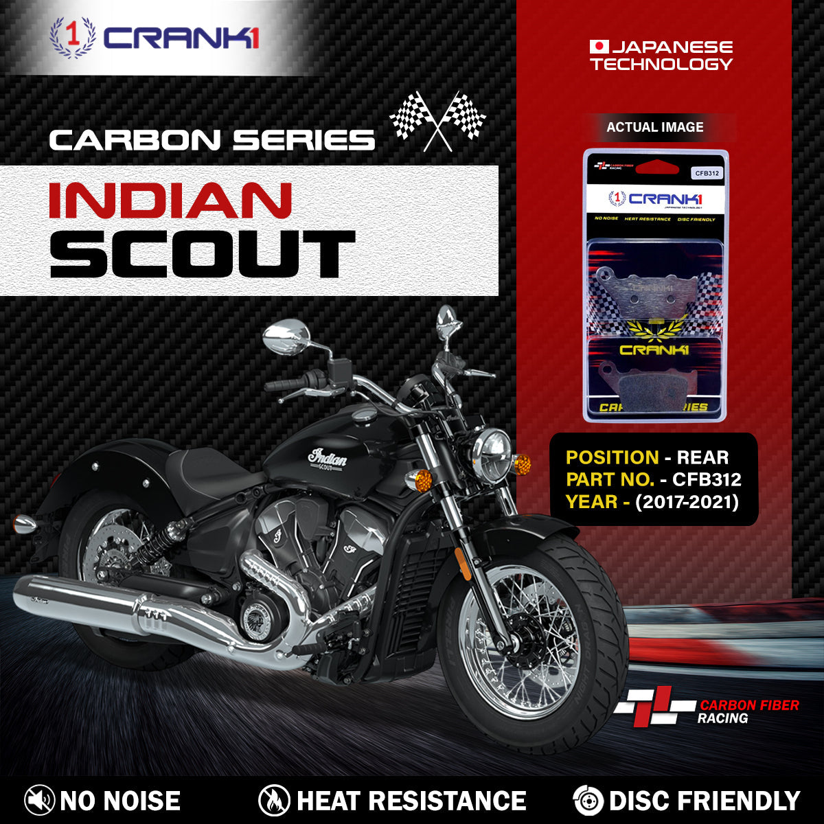 CRANK1 CFB312 Carbon Rear Brake Pads for Indian Scout 2017-2021