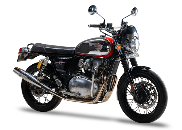 Silver Stallion performance exhaust installed on Royal Enfield Interceptor 650 available in silver black matte and brushed finish