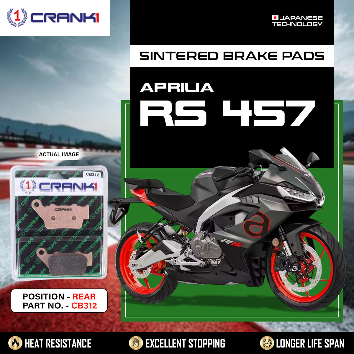 Crank1 CB312 Sintered Rear Brake Pads for Aprilia RS 457 Motorcycle | Legendary Custom