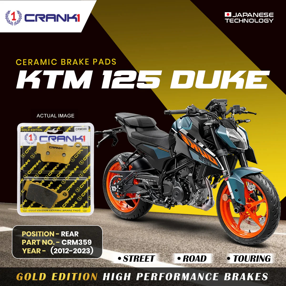 CRANK1 CRM359 ceramic rear brake pads for KTM 125 Duke 2012-2023