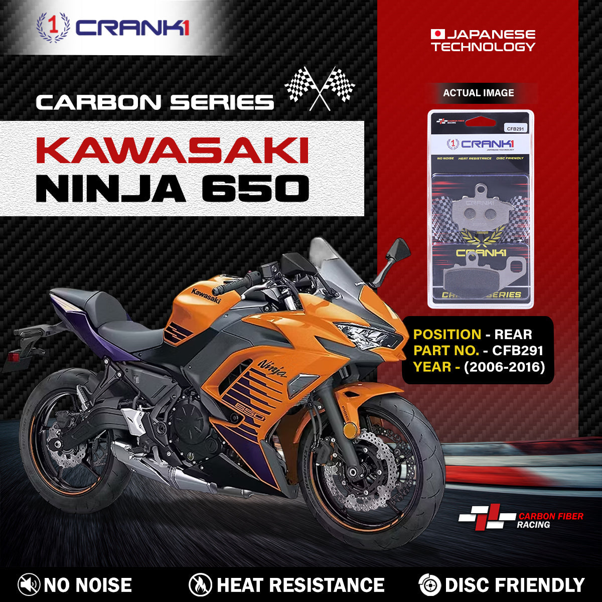 CRANK1 CFB291 carbon rear brake pads for Kawasaki Ninja 650 2006-2016