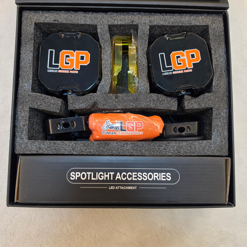 LGP DK50 110W LED fog lamp installed on motorcycle crash guard