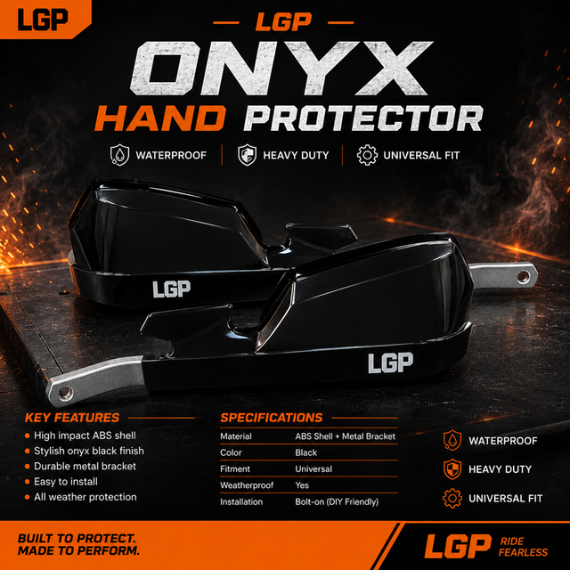 LGP Onyx universal motorcycle hand guards with aluminium mounts black and white installed on handlebars