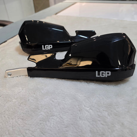 LGP Onyx universal motorcycle hand guards with aluminium mounts black and white installed on handlebars