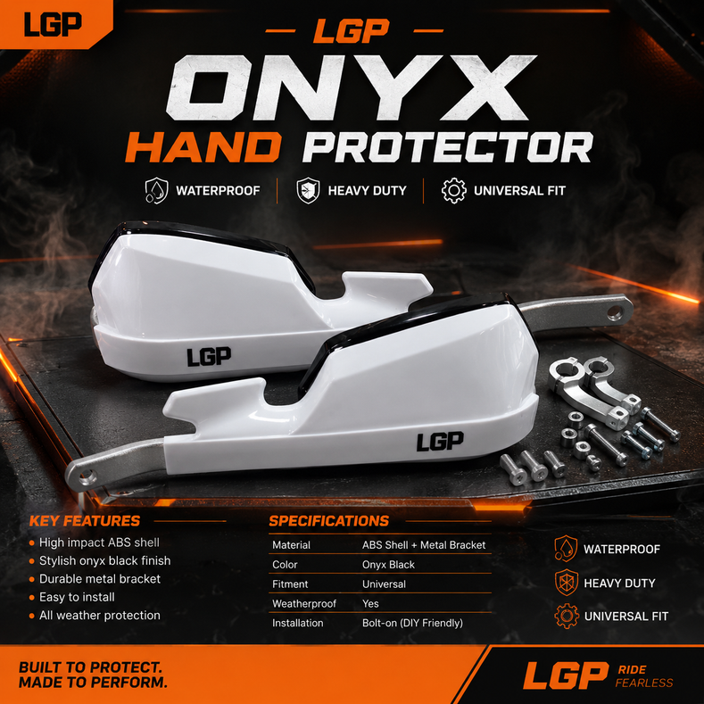 LGP Onyx white motorcycle hand guards with aluminium mounts installed on handlebars