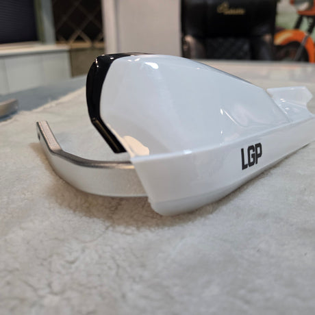 LGP Onyx white motorcycle hand guards with aluminium mounts installed on handlebars