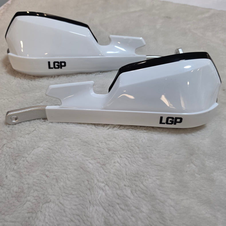 LGP Onyx white motorcycle hand guards with aluminium mounts installed on handlebars