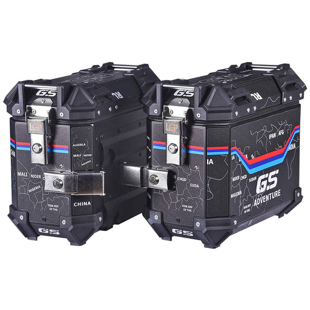 LGP 25L black motorcycle pannier box with map line texture mounted on bike