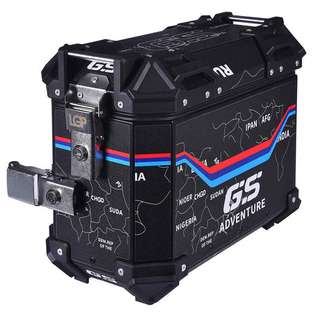 LGP 25L black motorcycle pannier box with map line texture mounted on bike