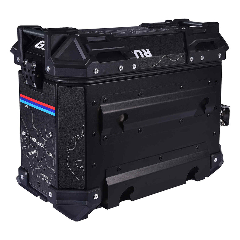 LGP 25L black motorcycle pannier box with map line texture mounted on bike