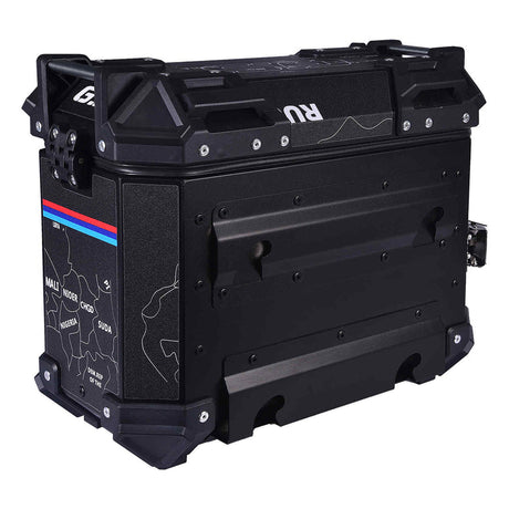 LGP 25L black motorcycle pannier box with map line texture mounted on bike