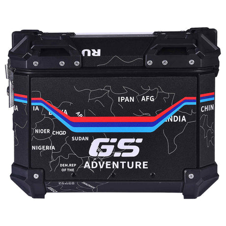 LGP 25L black motorcycle pannier box with map line texture mounted on bike