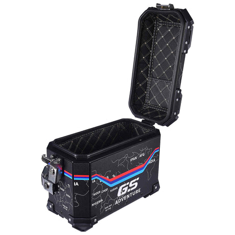 LGP 25L black motorcycle pannier box with map line texture mounted on bike