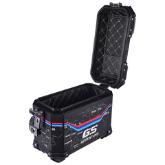 LGP 25L black motorcycle pannier box with map line texture mounted on bike