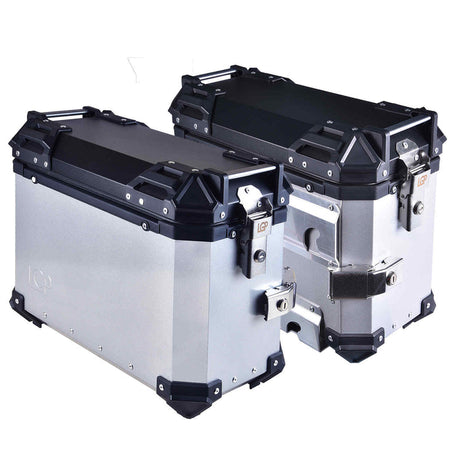 LGP 38L aluminium motorcycle pannier box set black mounted on adventure bike