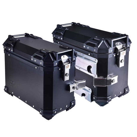 LGP 38L aluminium motorcycle pannier box set black mounted on adventure bike