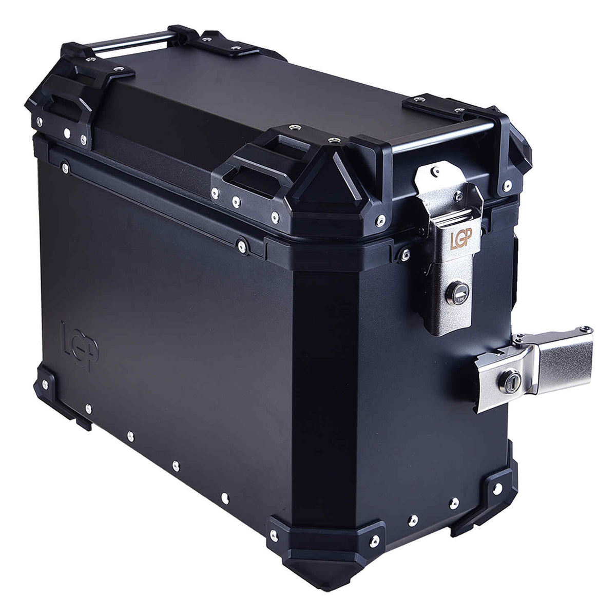 LGP 38L aluminium motorcycle pannier box set black mounted on adventure bike