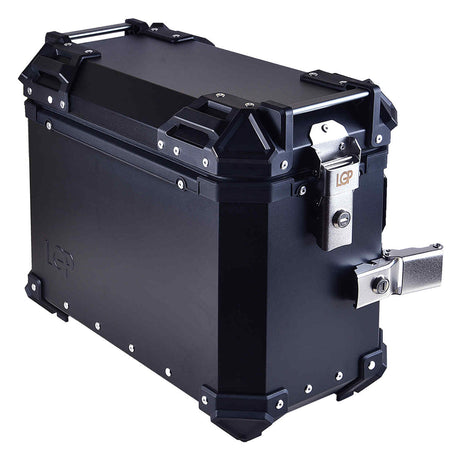 LGP 38L aluminium motorcycle pannier box set black mounted on adventure bike