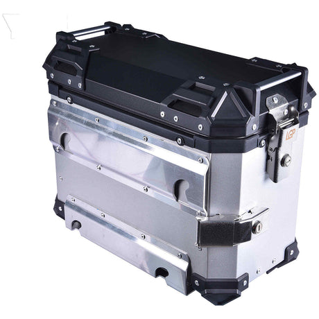 LGP 38L aluminium motorcycle pannier box set black mounted on adventure bike