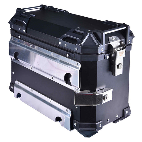 LGP 38L aluminium motorcycle pannier box set black mounted on adventure bike