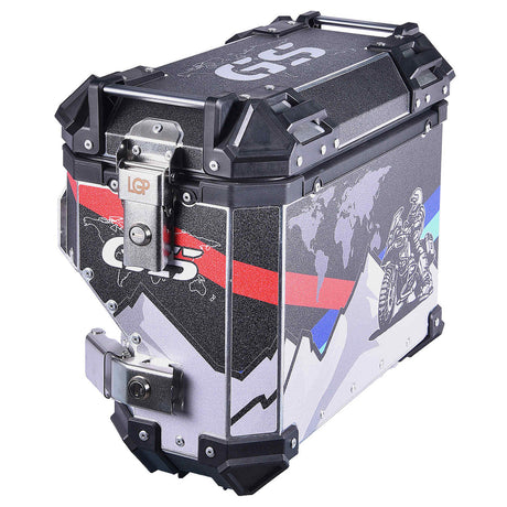 LGP 38L silencer cut aluminium motorcycle pannier box mounted on adventure bike