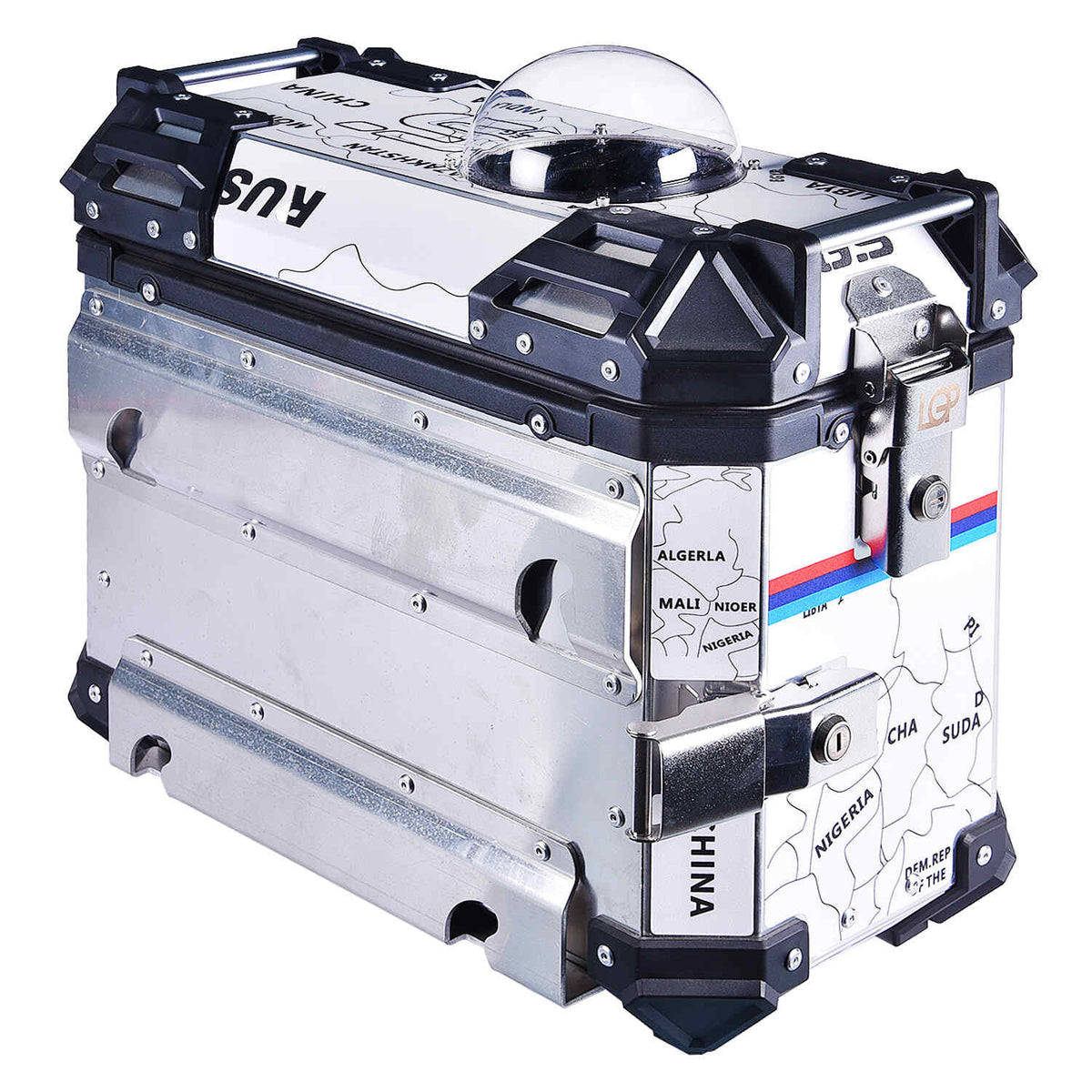 LGP 38L white map line motorcycle pannier box for pet mounted on touring bike