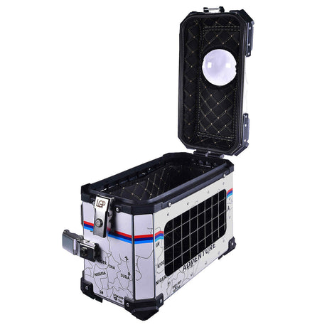 LGP 38L white map line motorcycle pannier box for pet mounted on touring bike