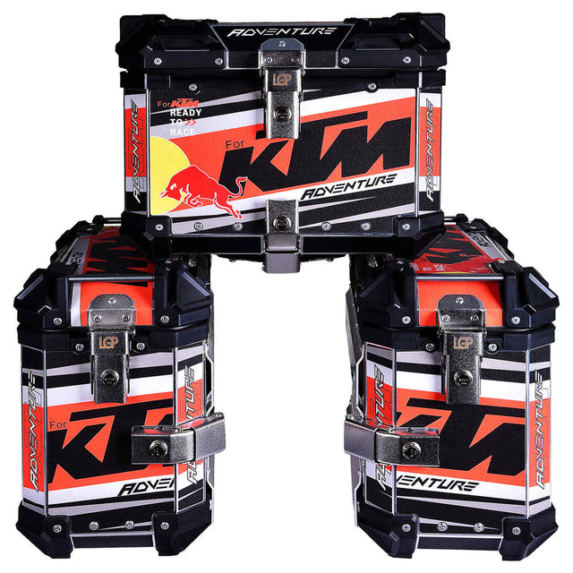 LGP KTM Adventure Pro pannier set with 45L top box and 38L side boxes mounted on adventure bike