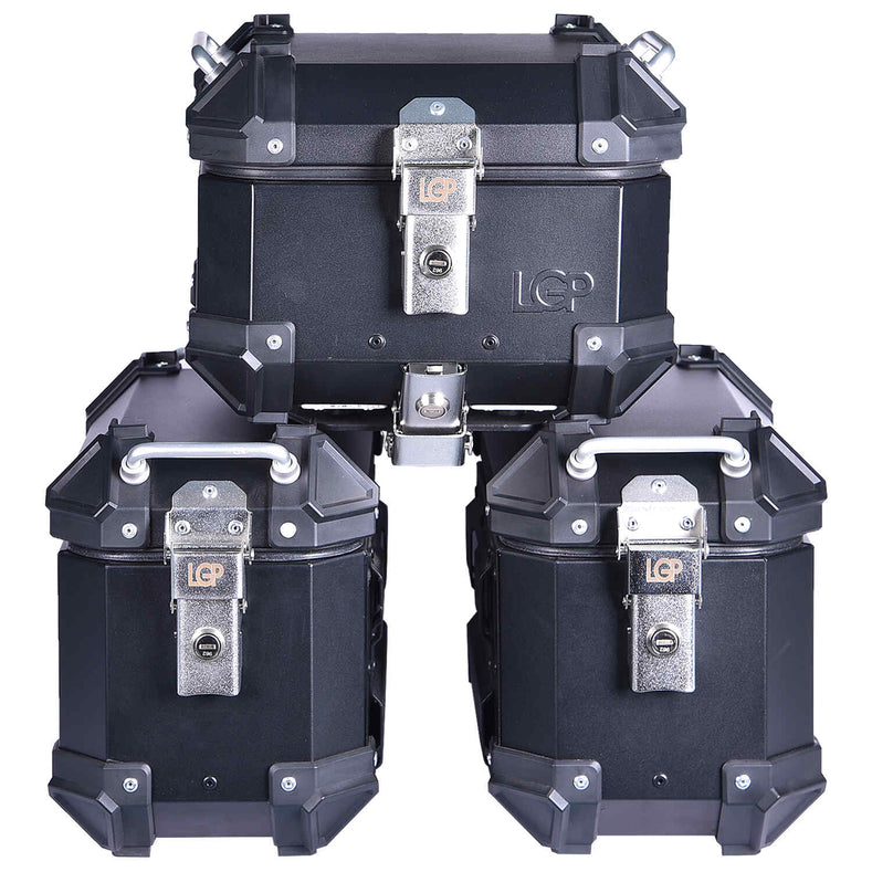 LGP aluminium motorcycle pannier set black plane with 16L side boxes and 18L top box