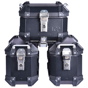 LGP aluminium motorcycle pannier set black plane with 16L side boxes and 18L top box