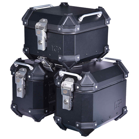 LGP aluminium motorcycle pannier set black plane with 16L side boxes and 18L top box