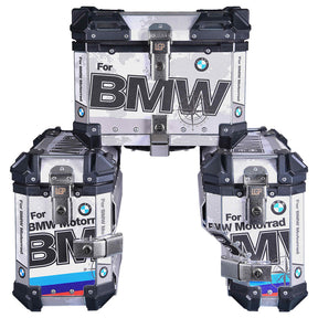 LGP BMW adventure pannier set with 45L top box and 38L side boxes mounted on touring motorcycle