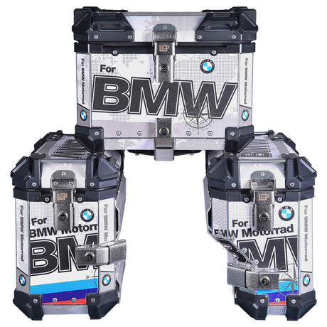 LGP BMW adventure pannier set with 45L top box and 38L side boxes mounted on touring motorcycle