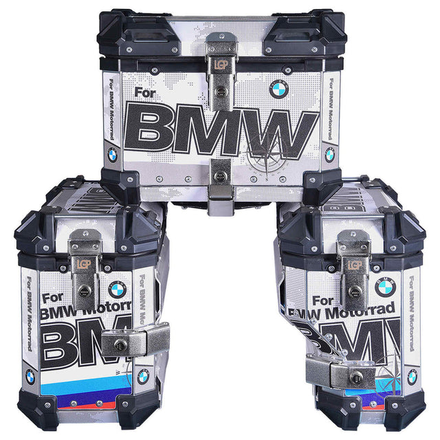 LGP BMW adventure pannier set with 45L top box and 38L side boxes mounted on touring motorcycle