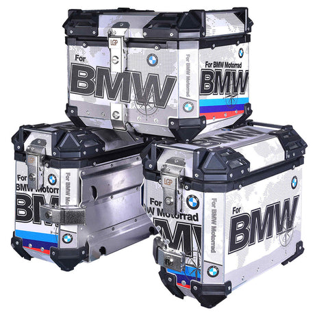 LGP BMW adventure pannier set with 45L top box and 38L side boxes mounted on touring motorcycle