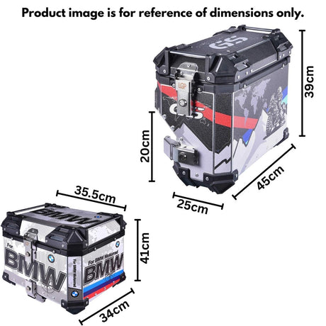 LGP BMW adventure pannier set with 45L top box and 38L side boxes mounted on touring motorcycle