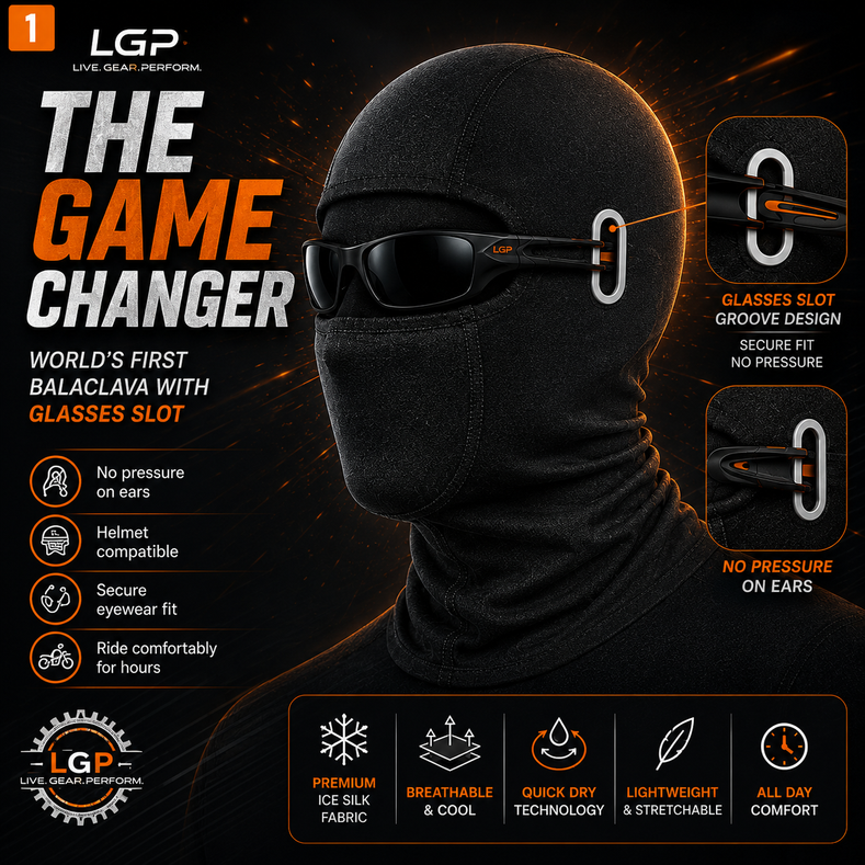 Main image: LGP Premium black balaclava with eyeglass slot
