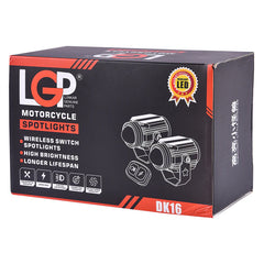 LGP SPOT LIGHT DK 16 Applicable models: motorcycles, electric vehicles Light color: low beam yellow, high beam white Color temperature: 3000K-6000K Input voltage: 12V-30V Waterproof grade: Ip67 Lumen: 700OLM Power: 45W