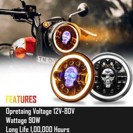 LIU HJG 7 Inch Harley Skull Round Led Headlight Fits in Royal Enfield All Models, Mahindra Thar (12V-80V 75w)