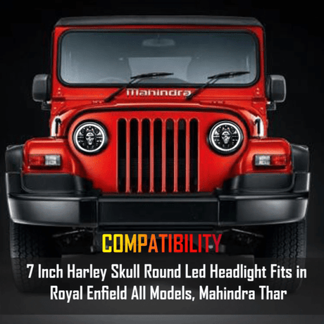LIU HJG 7 Inch Harley Skull Round Led Headlight Fits in Royal Enfield All Models, Mahindra Thar (12V-80V 75w)