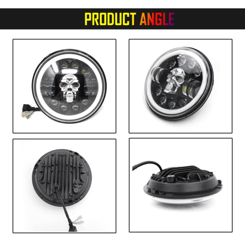 LIU HJG 7 Inch Harley Skull Round Led Headlight Fits in Royal Enfield All Models, Mahindra Thar (12V-80V 75w)